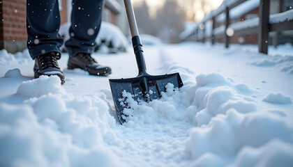 Person shoveling snow in a cheerful mood during winter in a residential neighborhood