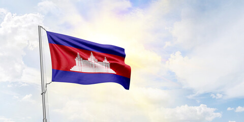 Cambodia flag waving on sky background. 3D Rendering