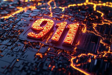 Digital Emergency Response: Futuristic Depiction of a 911 Call System with Circuit Board Aesthetics
