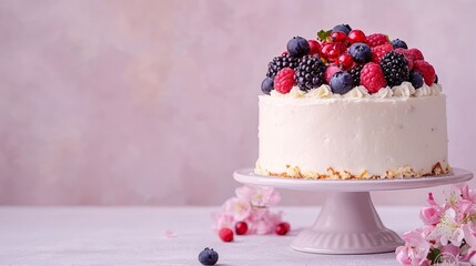 Fresh Berry Cake on a Light Background