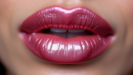 Fototapeta premium Close-up of pink lips with shimmering lip gloss. Women's beauty and lip care, lip moisturizing.