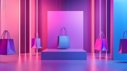 Futuristic neon vibrant shopping bags. Cyber Monday discounts and online retail promotions. Bright design for sales events and e-commerce