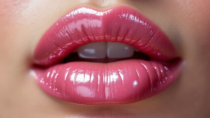 Obraz premium Close-up of pink lips with shimmering lip gloss. Women's beauty and lip care, lip moisturizing.