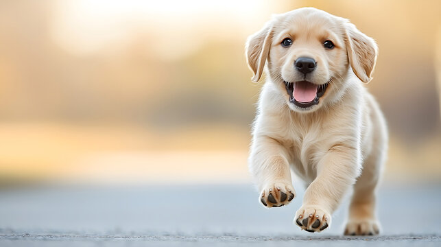 adorable labrador puppy running towards camera. playful energy and joyful expression
