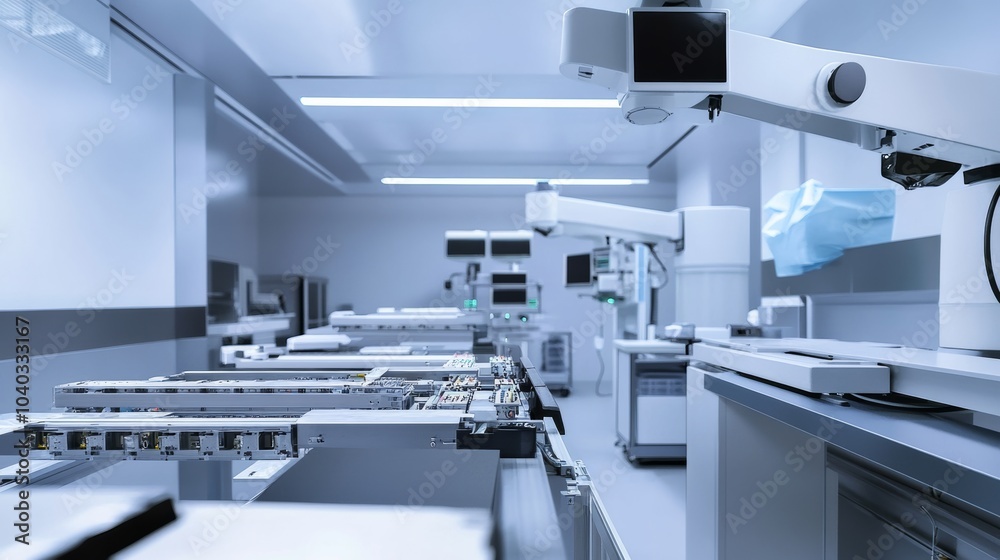 Aufkleber A robotic system managing automated sorting and packaging of advanced medical devices in a clean, high-tech medical facility, modern and precise environment with a focus on medical device logistics