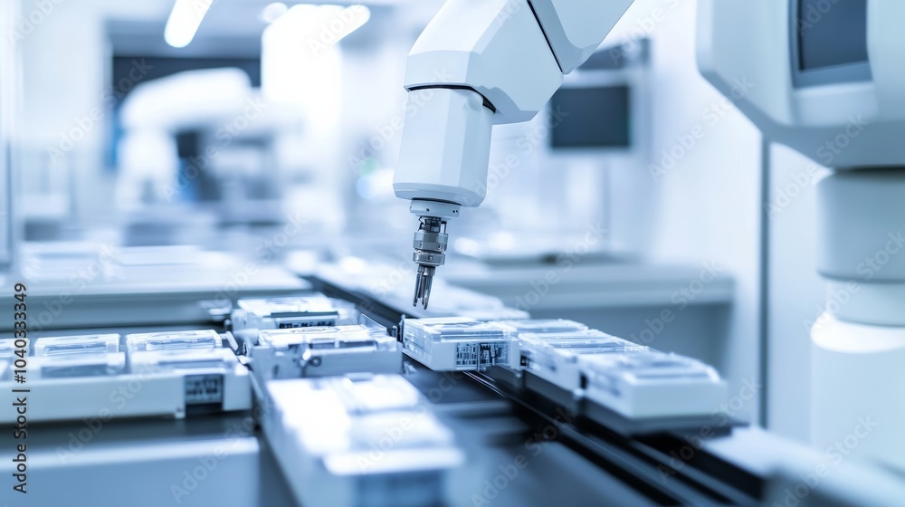 Poster a robotic system managing automated sorting and packaging of advanced medical devices in a clean, hi