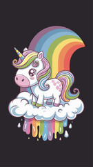 Fototapeta premium A kawaii-style unicorn with a rainbow mane and horn is standing on a cloud made of cotton candy.