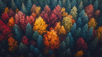 Aerial view of a dense forest with autumn foliage, displaying vibrant red, orange, and yellow trees, mixed with evergreens.