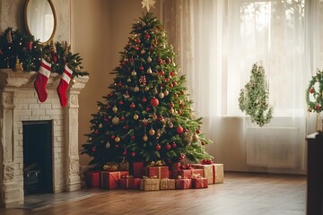 holiday decorations of Christmas tree with gift boxes and presents around