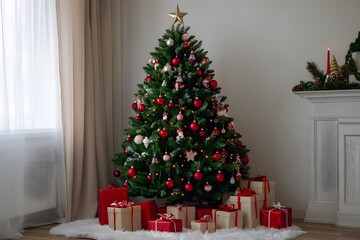 holiday decorations of Christmas tree with gift boxes and presents around