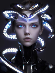 Futuristic Cyborg Medusa Women with Neon Glowing Eyes and High-Tech Snake Elements &ndash; Sci-Fi Digital Art for Cyberpunk and Fantasy Themes