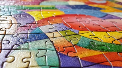 Obraz premium Colorful puzzle pieces on a wooden table close-up photograph