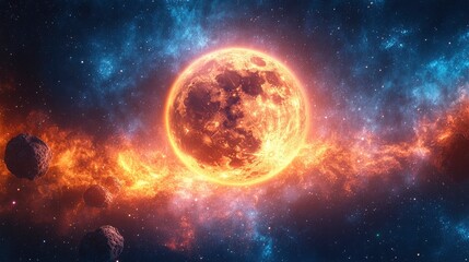 Stunning depiction of a vibrant cosmic scene with a fiery sun