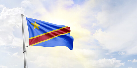 Congo Democratic Republic flag waving on sky background. 3D Rendering