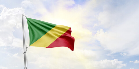Congo Republic flag waving on sky background. 3D Rendering