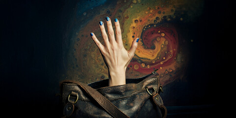 Hand & Fingers Reaching out of a Leather Purse Bag, Background Graphic Resource