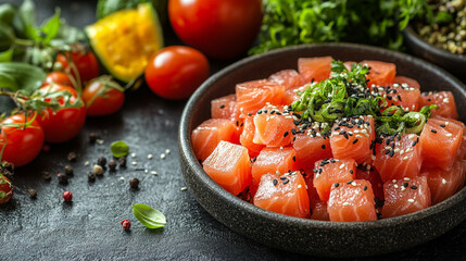 tuna with sesame seeds, salmon caviar, and a colorful array of vegetables, artfully plated. The photo conveys luxury, sophistication, and a balance of natural flavors