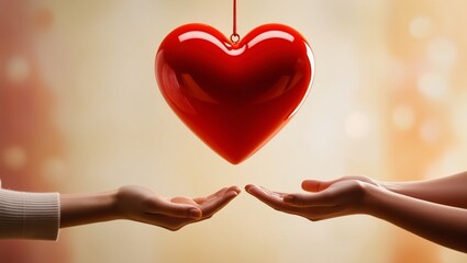 A red heart hanging by a ribbon with two people reaching for it for Valentine's Day, symbolizing love and connection in a romantic and heartfelt moment