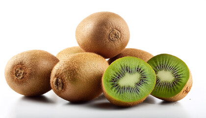 Obraz premium kiwi fruit whole and sliced scattered around background concept isolated white