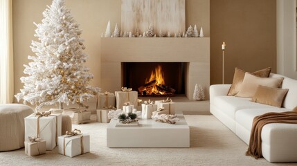 Fototapeta premium Christmas gifts under a tree wrapped in ecological paper next to a fireplace
