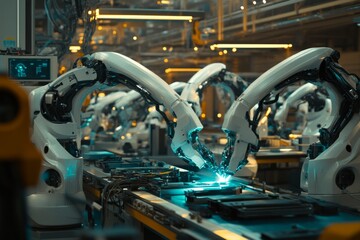 Fototapeta premium a large futuristic factory with an array of welding robot arms in white, teal and silver