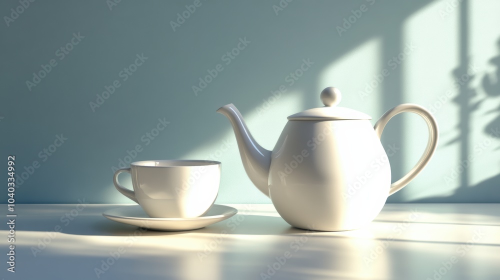 Poster A simple white kettle sits next to a matching cup on a table, illuminated by gentle sunlight, creating a serene morning atmosphere. Generative AI