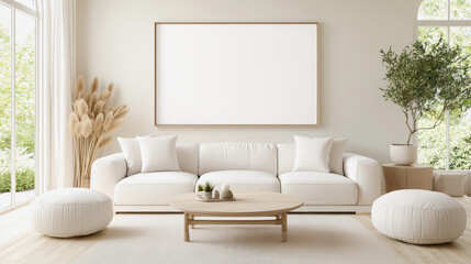 Bright and airy Scandinavian living room featuring neutral tones and minimalist decor during daylight hours