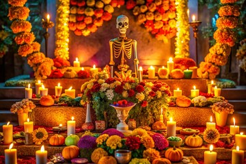 Fototapeta premium Vibrant Altar Celebration with Candles, Marigolds, and Glowing Skeleton