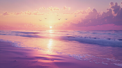 Obraz premium Serene beach at sunset with pastel skies, where the gentle waves reflect the soft hues of the fading sun.