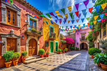 Naklejka premium Vibrant Architectural Photography of Traditional Mexican Buildings for Cinco de Mayo Celebrations