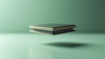 square-shaped metallic core chip floating in the air, green background
