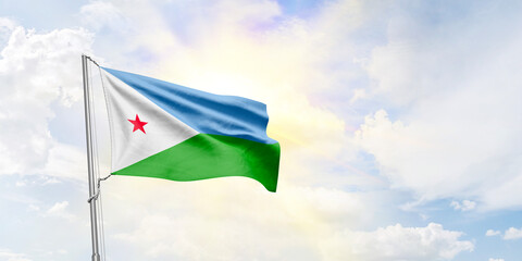 Djibouti flag waving on sky background. 3D Rendering