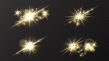 Collection of yellow glow stars, bright flash, sparklers on dark background