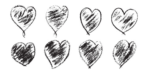Hand-drawn crayon heart, kid's crayon hand-drawn illustration love hearts set