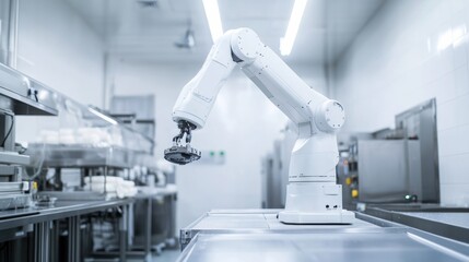 A robotic system performing automated quality checks in a high-tech food production facility, clean and efficient environment, Food-tech style