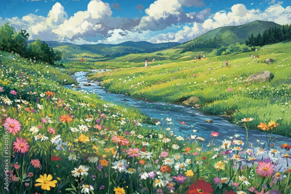 Wall mural a painting of a river running through a lush green field