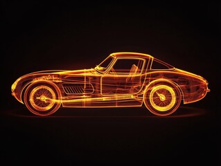 Aerial view thick vector lines, full body neon orange silhouette of vintage sports car towards the viewer on pure all black background.