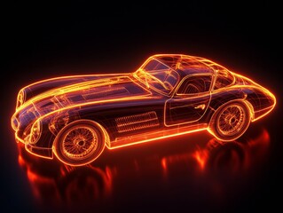 Aerial view thick vector lines, full body neon orange silhouette of vintage sports car towards the viewer on pure all black background.