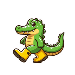 Fototapeta premium cute crocodile character walking in yellow rubber boots in rainy weather isolated vector illustration