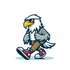 Cool eagle in shoes and sunglasses modern style mascot walking isolated vector illustration