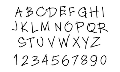 English handwritten alphabet and hand drawn numbers. Doodles and squiggles. Vector set