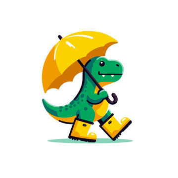 recommend clip art: T-rex dinosaur in rubber boots walking in rainy weather with umbrella