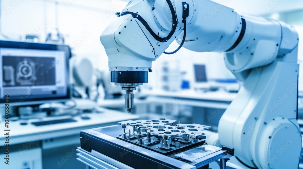 Poster a robotic system performing detailed assembly of high-precision optics in a clean, high-tech optics 