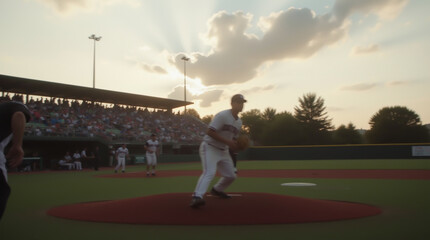 Naklejka premium Baseball players are seen on the field during a game, with fans in the stands in the background