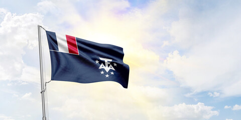 French Southern and Antartic Lands flag waving on sky background. 3D Rendering