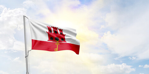 Gibraltar flag waving on sky background. 3D Rendering