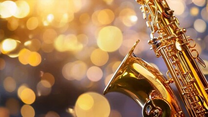 Golden saxophone shines in vibrant celebration of music, surrounded by shimmering bokeh lights, creating festive atmosphere perfect for jazz lovers.