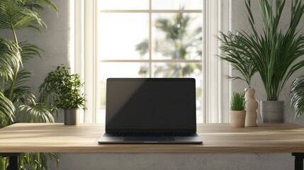 A sleek laptop rests on a wooden table with greenery nearby, illuminated by sunlight streaming through spacious windows. Generative AI