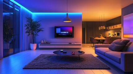 A living room with a large flat screen TV and a light blue couch