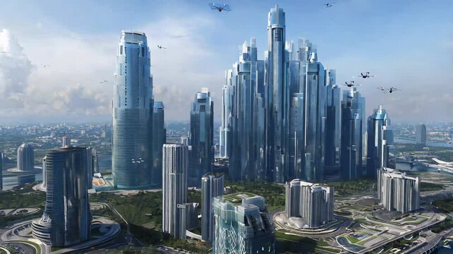 futuristic city with towering skyscrapers, heavily surveilled by numerous drones. an oppressive atmosphere where technology enforces control, creating beautiful yet stifling sense of order